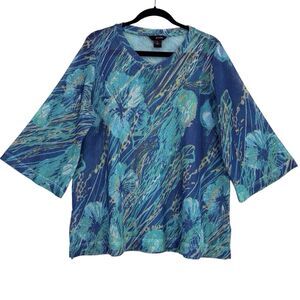 Ali Miles Tunic Top Womens Blue Green Floral Mesh 3/4 Sleeves Size 1X Beach